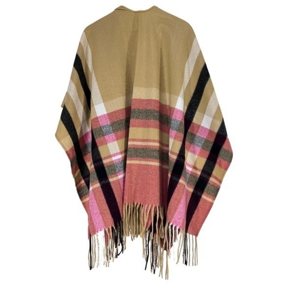 Woolrich Classic Plaid Poncho Neutral-tone Oatmeal Boho Hippie Fringe Soft Cozy - Picture 2 of 7